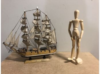 14 Inch Model Ship & 12 Inch Wood Sketch Man