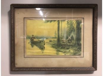 Canoe And Campsite Framed Vintage Sketch