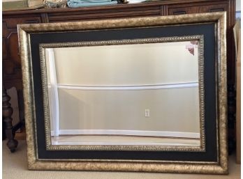 Large Beveled Mirror In Stunning Black & Gilt Wood Frame