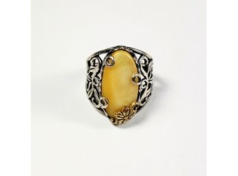 Large Vintage Sterling Silver Yellow Iridescent Stone Ring