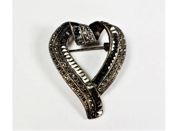 Marcasite Vintage Sterling Silver Heart Pendant Or Pin