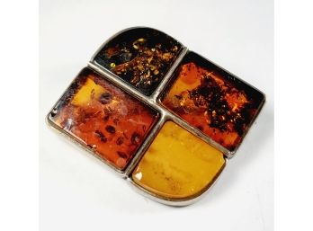 Large Sterling Silver Amber  Pin (lots Of Fossils)