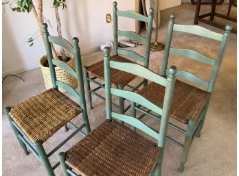 Four Antique Green, Woven, Rush Chairs