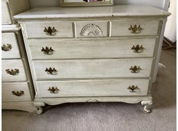 Vintage Mahogany Dresser: Shell Pattern, Cream In Color, Coordinating Piece