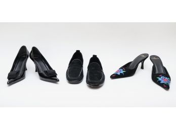 Trio Of DELMAN Patent Leather Pumps, Leather Floral Slip On's And Suede Loafers