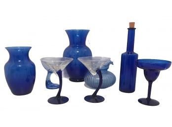 Blue Glass Lot Eight Pieces