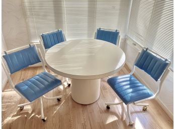 Vintage 1970s Pedestal Kitchen Table With Four Rolling Chairs