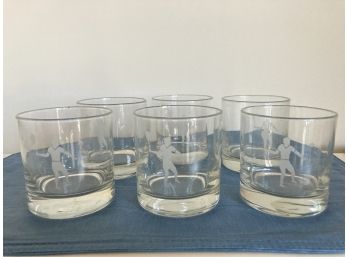 Set Of Six Vintage Etched Tennis Player Glasses