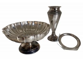 Three Fine Silver Plate Items -Pedestal Bowl, Vase & Rimmed Dish