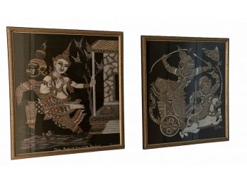 Pair Of Thailand Temple Rubbings -Colorized By Artist