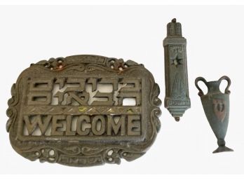 Two Vintage Judaica Mezuzahs And Welcome Plaque -