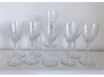 Set Of Nine Antique Etched Crystal Wine/ Water Glasses