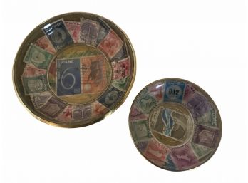 Pair 1960s Israeli Stamps Laminated Into Brass Bowls