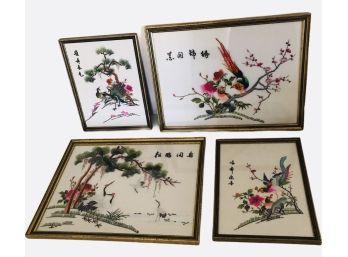 Lot Of Four Mid Century Chinese Embroidered Wall Art