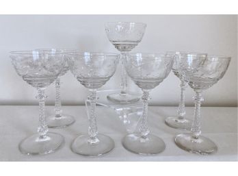 Set Of Seven Antique Etched Crystal Wine Glasses