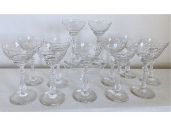 Set Of Twelve Antique Etched Crystal Sherry Glasses