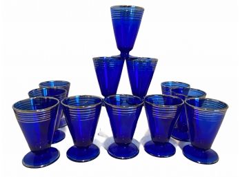 Set Of 12 Art Deco Cobalt Juice Glasses