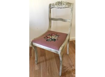 Lovely Vintage Rose Chair Painted Wood With Pink Embroidered Seat