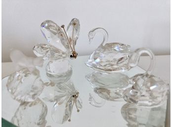 Collection Of Swarovski Crystal Miniature Animals- Butterfly, Swans And Cat