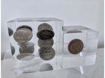 Cool Vintage Lucite Paperweights With Encased Coins