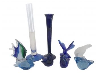 Hand Blown Blue Glass Lot - Birds, Fish Butterfly & Vases