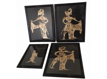 Chinese Wall Art (lot Of 4) Framed.  The Figures Are Made From Bamboo Leaf Or Rice Straw.