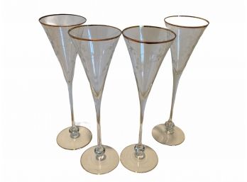 Set 4  Etched Champagne Flutes With Gold Rims