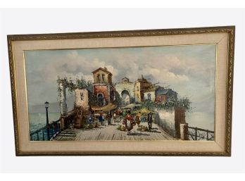 MCM Impressionist Oil  On Canvas Painting Of Harbourside Market