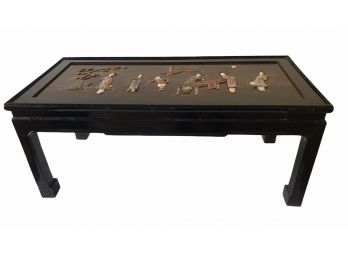 Antique Chinese Coffee Table With Carved Woos & Resin Figures Under Glass