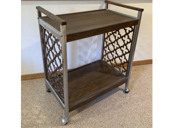 Mid Century Modern Rolling Bar Cart With Lattice Wood Sides