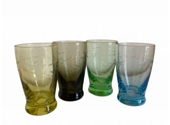 Set Of Four Vintage Etched Cordial Glasses In 4 Colors