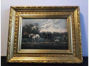 Farmer Plowing Oil On Board Signed