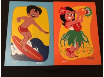 Vintage Wooden Puzzles Hawaiian Boy & Girl