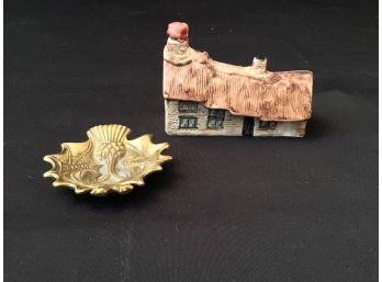 Scottish Lot Brass Thistle Trinket Dish & Dewars Cottage Bottle