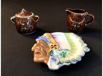 Vintage Native American Souvenir Dish And Creamer & Sugar Bowl