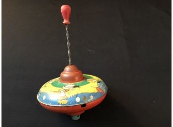 Vintage Metal Childs Spinning Top With Wood Handle