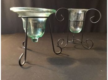 Lot Of 2 Contemporary Glass Vases In Metal Stands