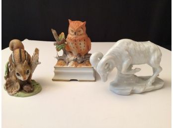 Lot Of 3 Porcelain Animals Including Owl Music Box