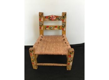 Vintage Handpainted Childs Mexican Folk Art Chair, Woven Seat