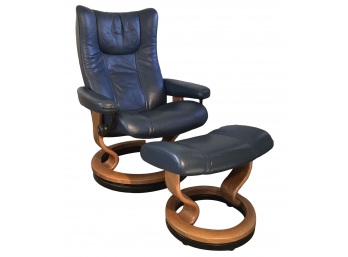 Ekornes Stressless Recliner And Ottoman With Swivel Base, Navy Leather