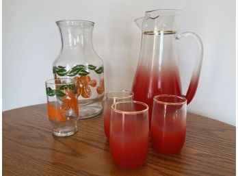 Vintage Anchor Hocking Juice Carafe With Glass, Red Ombre MCM Pitcher Gold Trim With 3 Matching Glasses