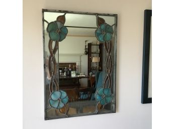 Leaded Stained Glass Mirror, Blue Hibiscus