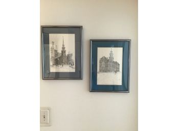 Framed Pen & Ink Prints By Clark M. Goff, State House And Old South Meeting House, Boston MA