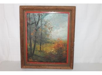 Old Impressionist Forest Painting On Board In Rustic Frame