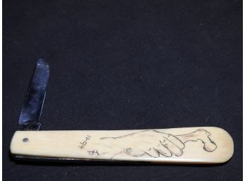 Old Scrimshaw Bone Folding Knife Depicting Hand With Cane