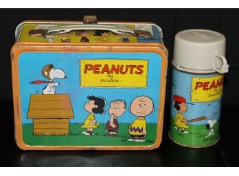 Old Metal Penuts And Snoopy Lunch Box And Thermos