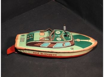 Old Tin Litho Trademark Japan Wind Up Boat