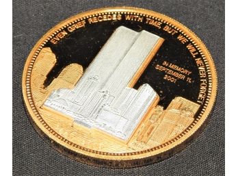 Unique Gold Plated 911 Tribute Coin Twin Towers Slotted To Stand Upright Nice Piece