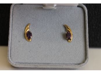 14K Gold With Purple Faceted Stone Earrings With 14K Backs