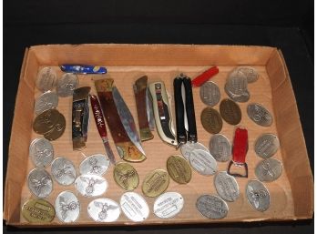 Box Lot Of Vintage Knives And Medallions